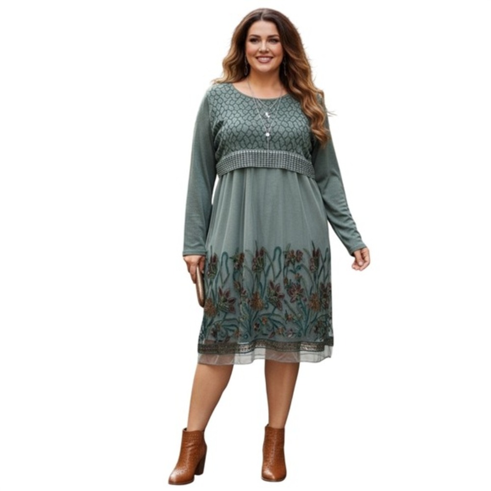 Simply Couture Embroidered Floral Mesh Dress‎ Womens 1XL Sage Green Boho NEW
